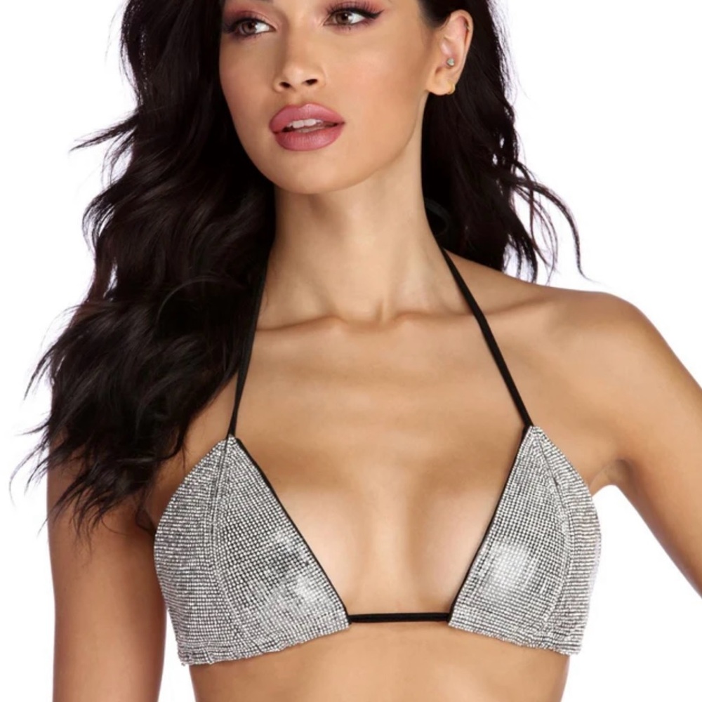 Fashion Nova Silver Rhinestone Bikini Top One Size